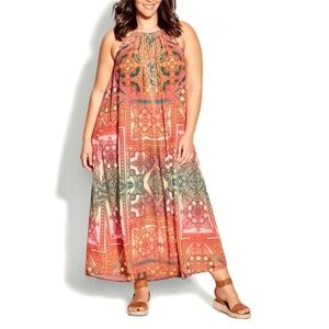 AVENUE Orange Tile Crystal Embellished Bodice Halter Neck Maxi Dress 4A06.4